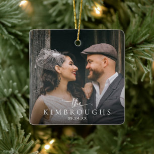 Erstes Weihnachten Verheiratet Hochzeitsfoto Frisc Keramikornament