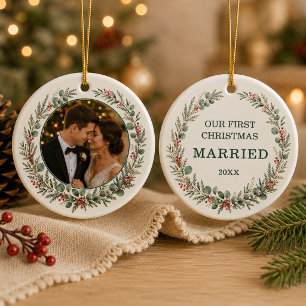 Erstes Weihnachten Verheiratet Personalisiertes Fo Keramik Ornament