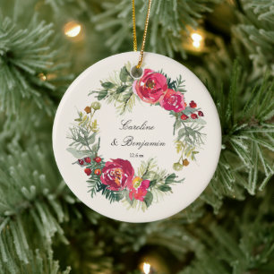 Erstes Weihnachten Verheiratet Wasserfarben-Blumen Keramik Ornament