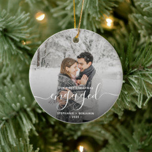 Erstes Weihnachten verlobt 2-Foto weiße Schrift Keramik Ornament