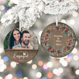 Erstes Weihnachten Verlobt Rustikales Jute Foto Keramik Ornament