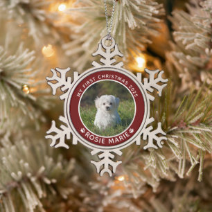 Erstes Weihnachts-Hund-Foto Name Pfotenabdrücke Be Schneeflocken Zinn-Ornament