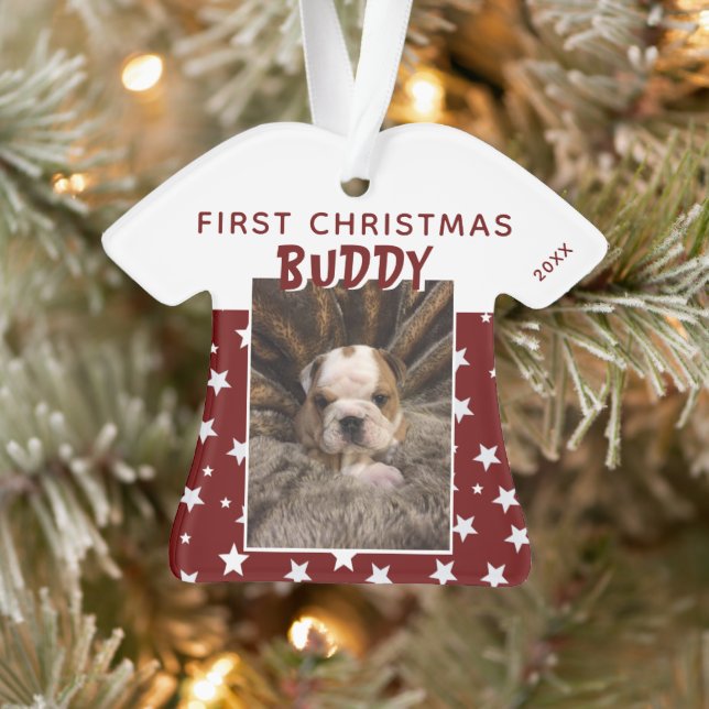 Erstes Weihnachts-Rotstern-Muster Welpen-Hund-Foto Ornament (Baum)