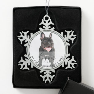 Erstes Weihnachts-Tierfoto-Skript Namensschmuck Schneeflocken Zinn-Ornament