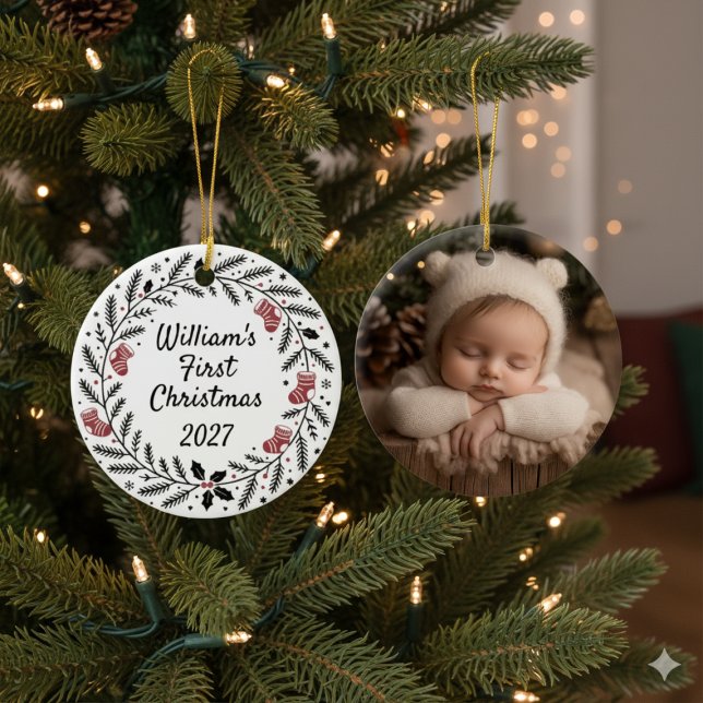 Erstes Weihnachtsandenken Keramik Ornament (First Christmas personalized photo ornament)