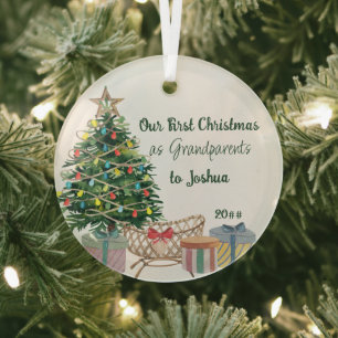 Erstes Weihnachtsbaum und Kinderbett der Großelter Ornament Aus Glas