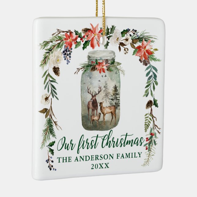 Erstes Weihnachtsfest Hirsche Familiengrün FOTO zu Keramikornament (Rechts)