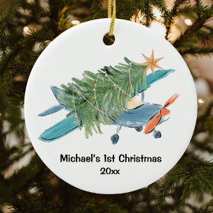 Erstes Weihnachtsflugzeug Baum Reise Personalisier Keramik Ornament