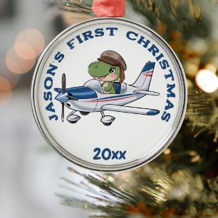 Erstes Weihnachtsflugzeug und Dinosaurier-Pilot be Ornament Aus Metall