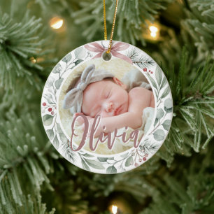 Erstes Weihnachtsfoto Baby Dusty Rose & Grün Keramik Ornament