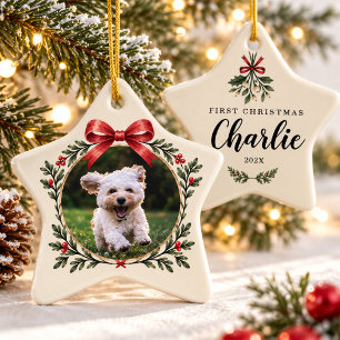Erstes Weihnachtsfoto des Hundes, Welpe Mistelzwei Keramik Ornament
