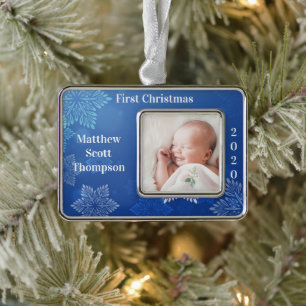 Erstes Weihnachtsfoto des kleinen Jungen Blau Rahmen-Ornament Silber