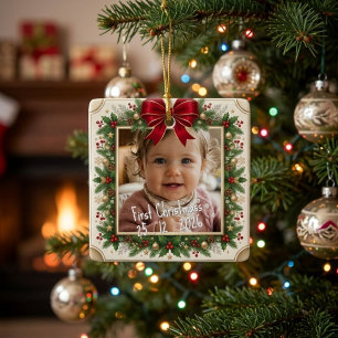 Erstes Weihnachtsfoto Rahmen Roter Bogen Benutzerd Keramikornament