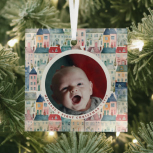 Erstes Weihnachtsfoto Rote Festliche Häuser Feiert Ornament Aus Glas