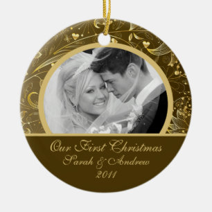 Erstes WeihnachtsFoto-Verzierungs-Gold mit Blumen Keramikornament