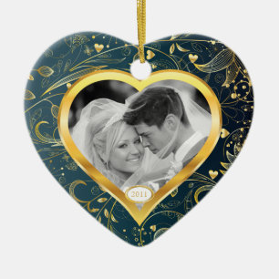 Erstes WeihnachtsFoto-Verzierungs-Goldherz-Blau Keramik Ornament