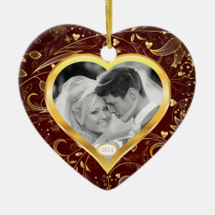 Erstes WeihnachtsFoto-Verzierungs-Goldherz Keramik Ornament