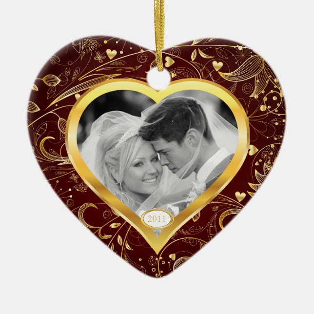 Erstes WeihnachtsFoto-Verzierungs-Goldherz Keramik Ornament (Vorne)