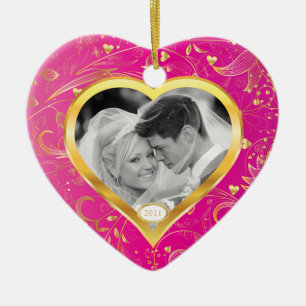 Erstes WeihnachtsFoto-Verzierungs-Goldherz-Rosa Keramik Ornament