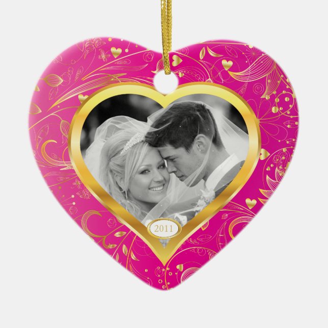 Erstes WeihnachtsFoto-Verzierungs-Goldherz-Rosa Keramik Ornament (Vorne)