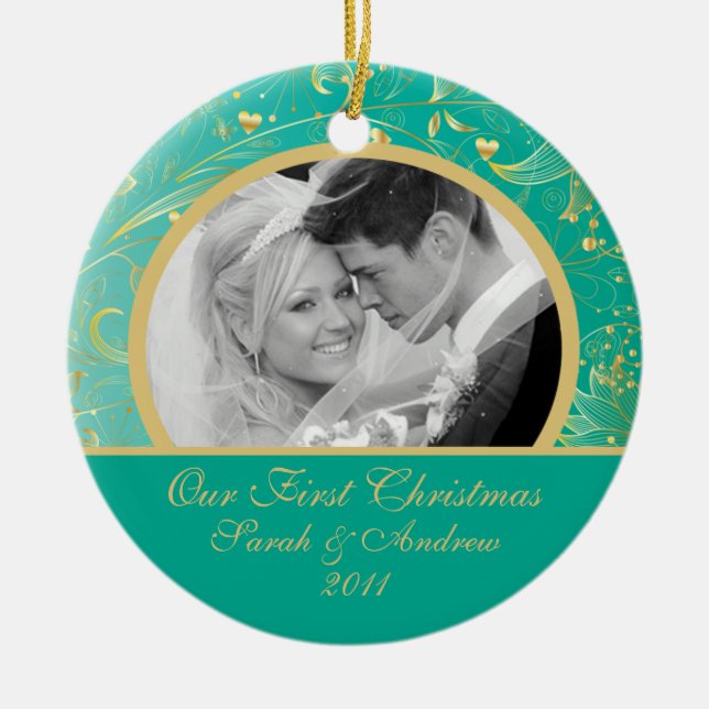 Erstes WeihnachtsFoto-Verzierungs-Goldmit Keramik Ornament (Vorne)