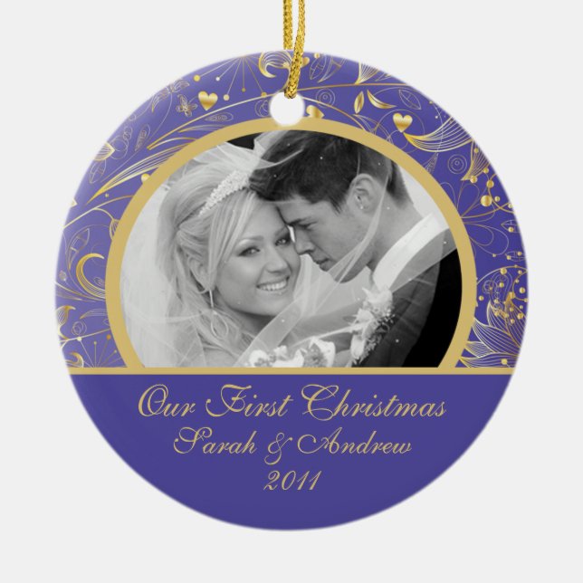 Erstes WeihnachtsFoto-Verzierungs-GoldMIT Keramikornament (Vorne)