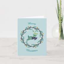 Erstes Weihnachtshirsch-mit-Kranz-Teal-Faltkarte