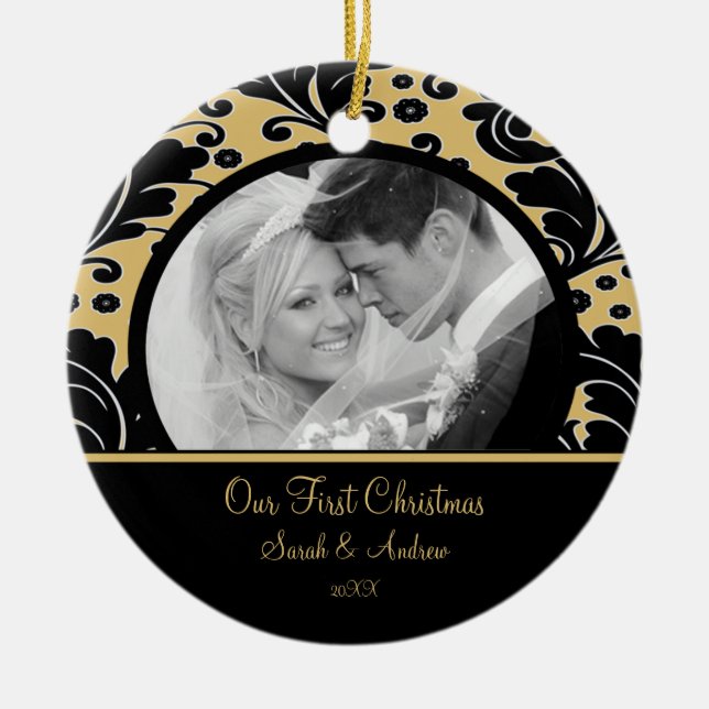 Erstes Weihnachtsschmuck Foto Gold & Black Damask (Vorne)