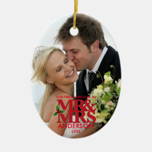 Erstes Weihnachtsverheirateter Foto-Verzierung Keramikornament