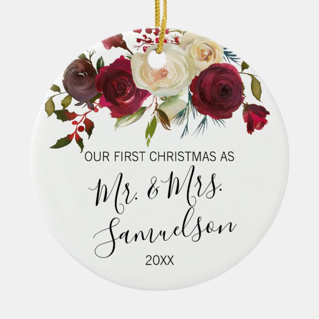 Erstes Weihnachtsverheirateter roter Keramik Ornament (Vorne)