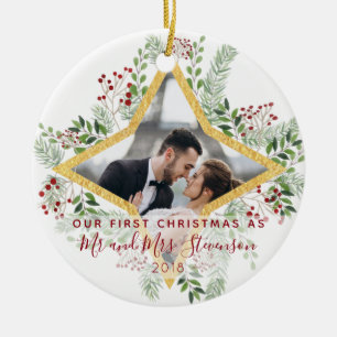 Erstes Weihnachtsverheiratetes Foto-Geschenk Keramik Ornament