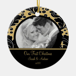 Erstes Weihnachtsverzierungs-Foto-Gold u. Keramikornament
