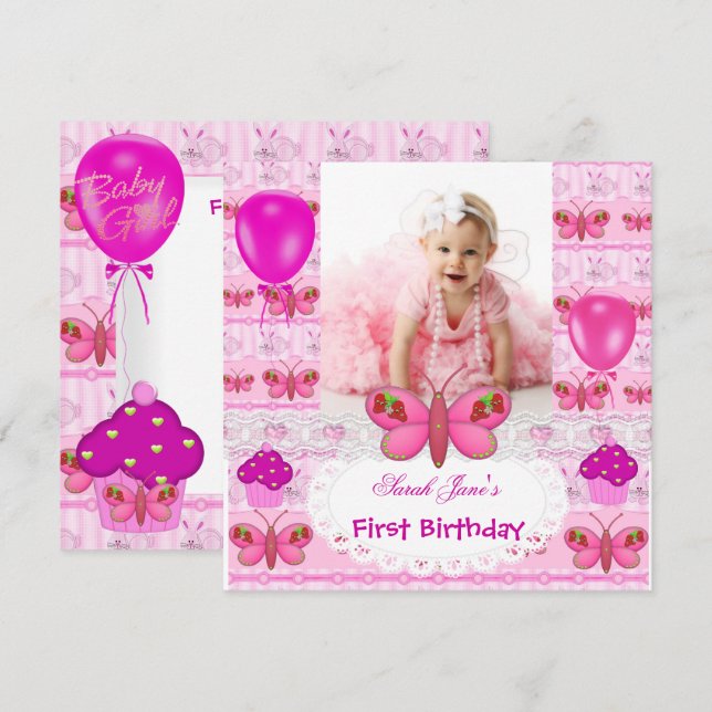 Erstgeburt 1. Girl Hot Pink Butterfly Einladung (Vorne/Hinten)