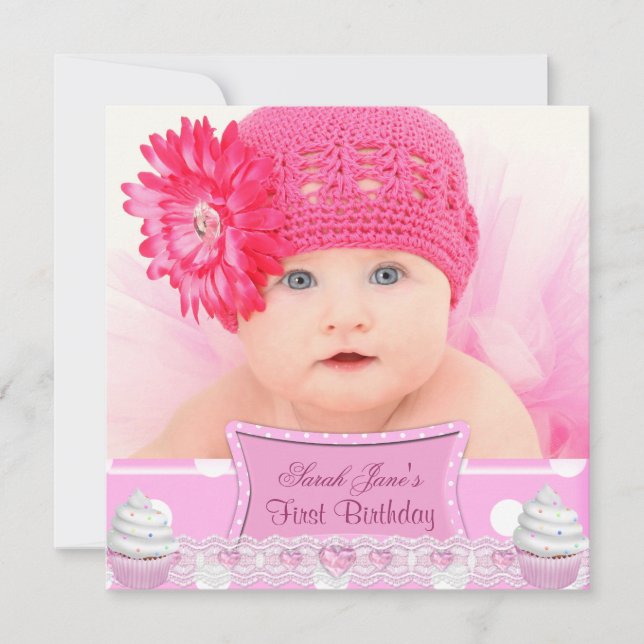 Erstgeburt 1. Girl Hübsch Pink Cupcakes Baby Einladung (Vorderseite)