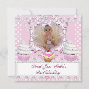 Erstgeburt Girl Pink Cupcakes White Baby Einladung
