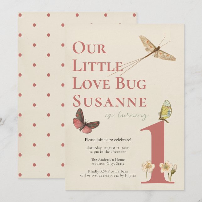 Erstgeburt Liebe Bug Baby Girl Einladung (Vorne/Hinten)