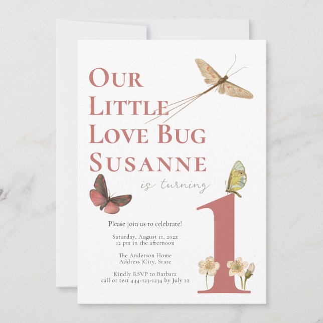 Erstgeburt Liebe Bug Baby Girl Einladung (Vorderseite)