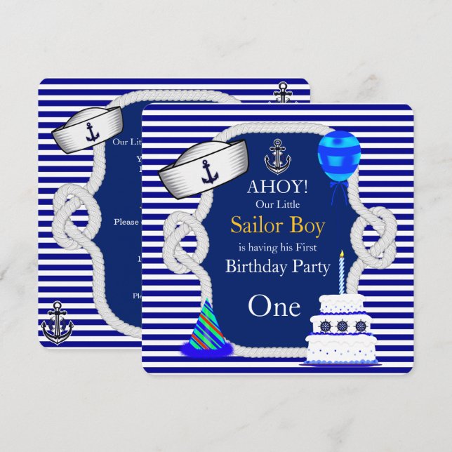Erstgeburt Sailor Boy Blue Stripe Einladung (Vorne/Hinten)