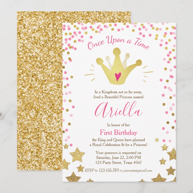 Erstgeburtsausschreibung Princess Gold Pink Crown Einladung (Vorne/Hinten)