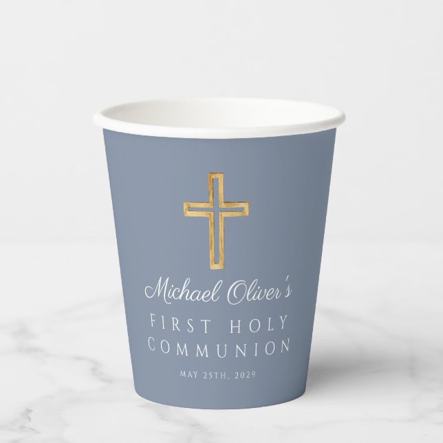 Erstgeburtskommunion Boy Religious Cross Dusty Blu Pappbecher (Vorderseite)