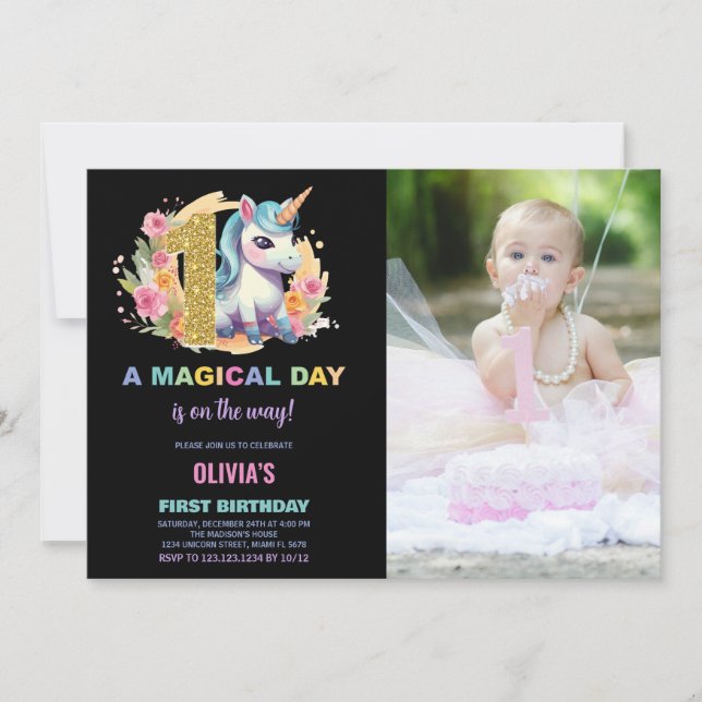 Erstgeburtstag Einhorn Geburtstag Einladungen Foto (Vorderseite)