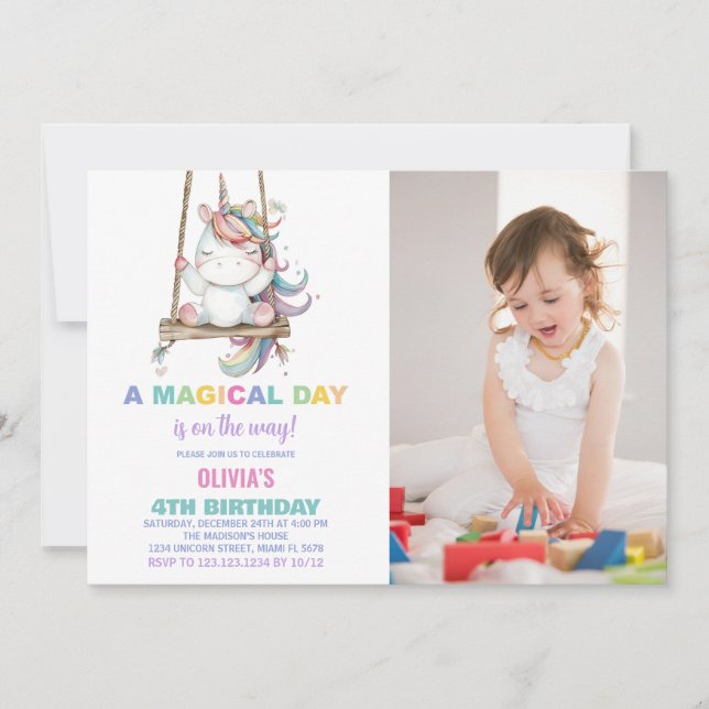 Erstgeburtstag Einhorn Geburtstag Einladungen Foto (Vorderseite)