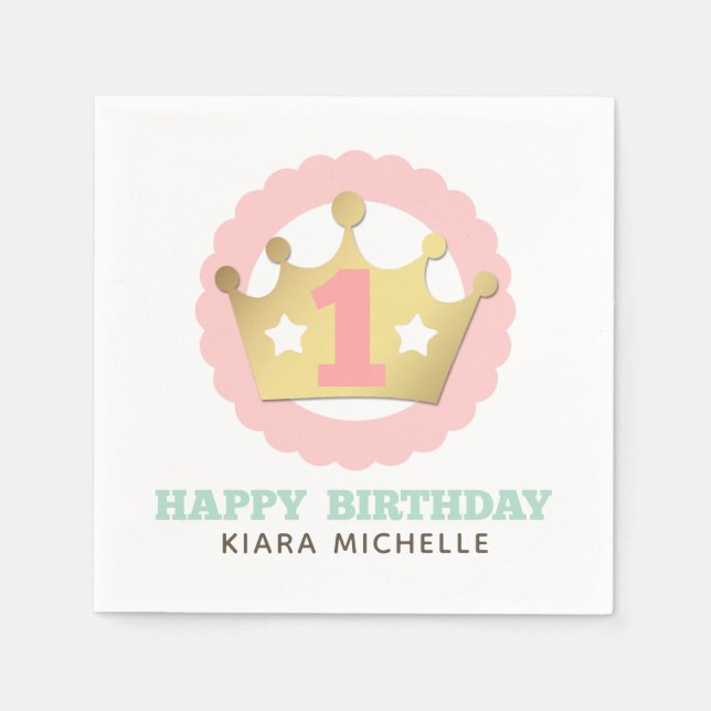 Erstgeburtstag Gold Princess Crown & Shabby Pink Serviette (Vorderseite)