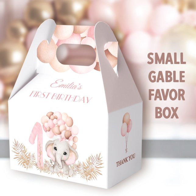 Erstgeburtstag Mädchen Elephant Pink Balloons Klei Geschenkschachtel (Pink Elephant Small Gable Favor Boxes - You can choose from 3 sizes of these gable favor boxes)