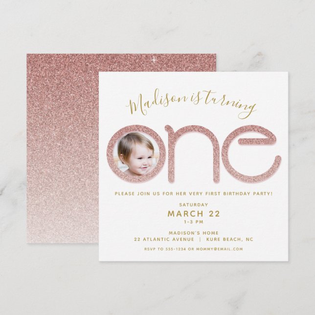 Erstgeburtstag Rose Gold Glitzer Foto Einladung (Vorne/Hinten)