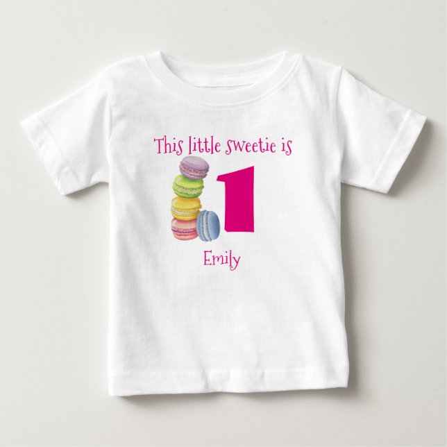 Erstgeburtstag Sweet Macarons Personalisiert Baby T-shirt (Vorderseite)