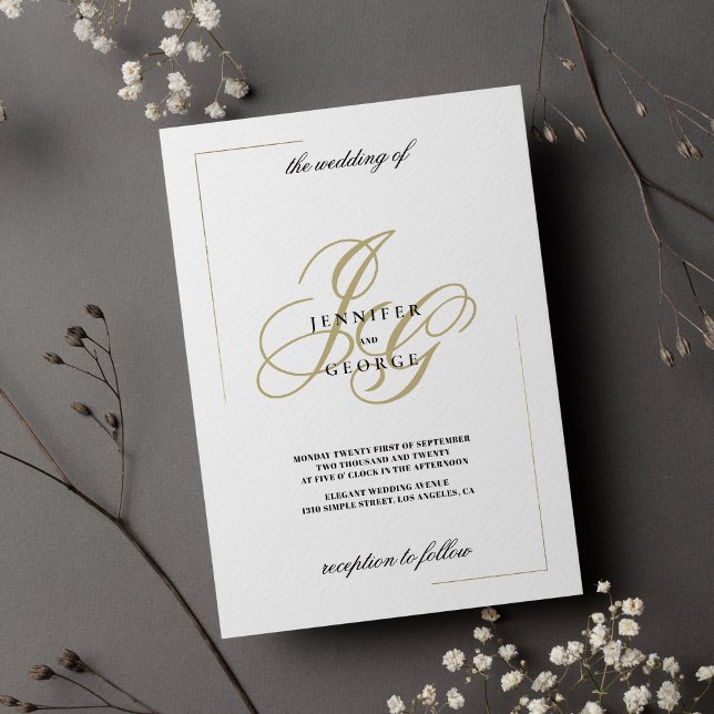 Ersthochzeit von Minimalistischem Weißgold Einladung (Minimalist white gold monogram initial wedding invitation )