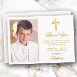 Erstklassiger Foto-Goldrahmen Dankeskarte<br><div class="desc">Elegante Erste Heilige Kommunion Dankeschön Karte mit Gold Cross. Foto Front. Goldrahmen.</div>