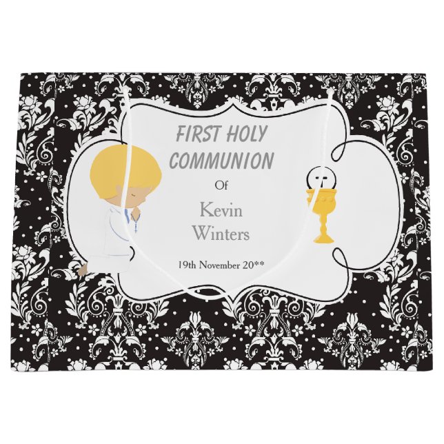 Erstkommunion Blonde Boy Black Damask Große Geschenktüte (Vorderseite)
