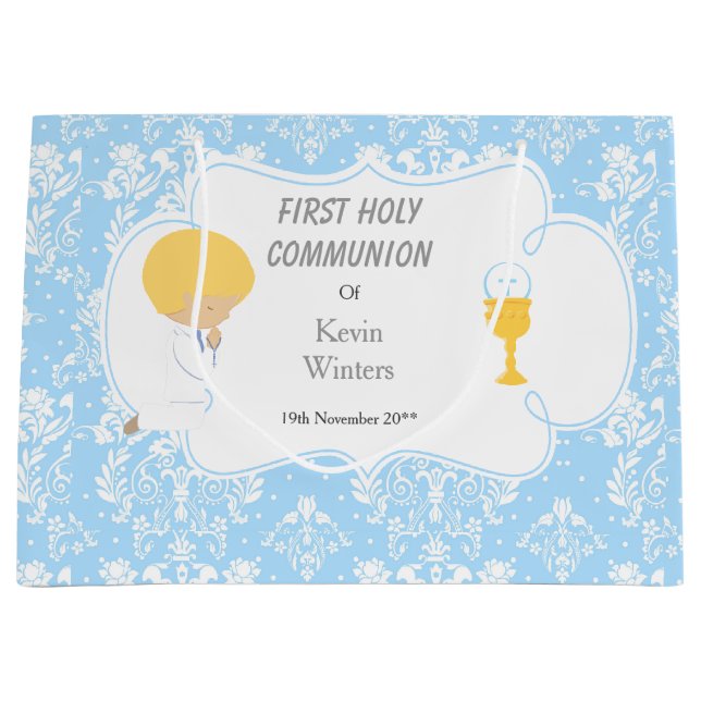 Erstkommunion Blonde Boy Blue Damask Große Geschenktüte (Vorderseite)